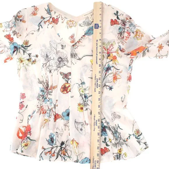 Rebecca Taylor 100%Silk Long Tie Sleeve Meadow Floral Top Pink Combo V-neck 2 - Picture 12 of 15